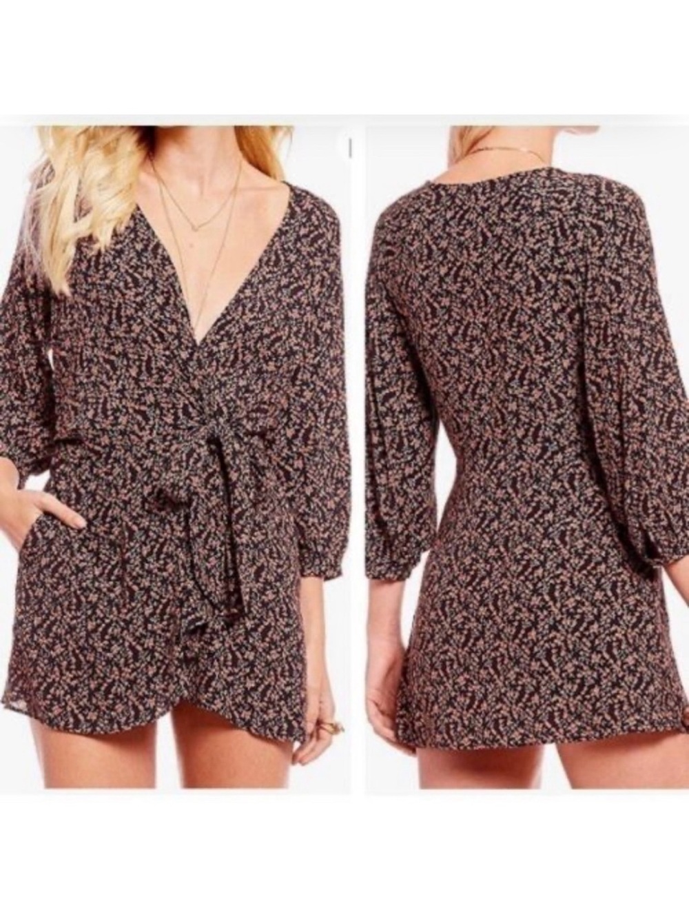 Free People Clara Flowy Floral Womens Tie Front Tunic Shirt Mini Dress Large